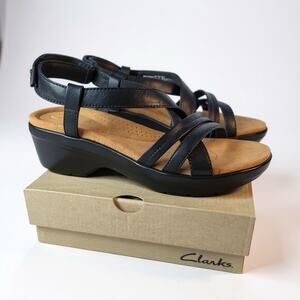 Clarks Artisan Black Leather Sandals Women's 8M Strappy Comfort Dressy Wedge Low